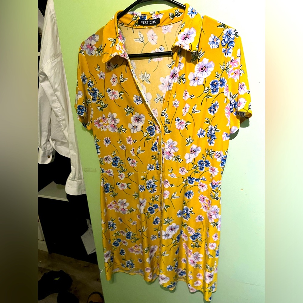 Floral yellow button up skater dress